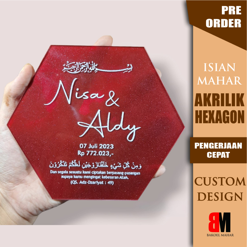 AKRILIK WARNA BENTUK HEXAGON DEKORASI MAHAR