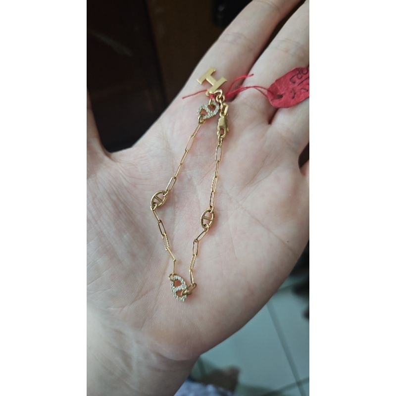 gelang rantai plat fashion mewah emas asli kombinasi putih rosegold 375 huruf H