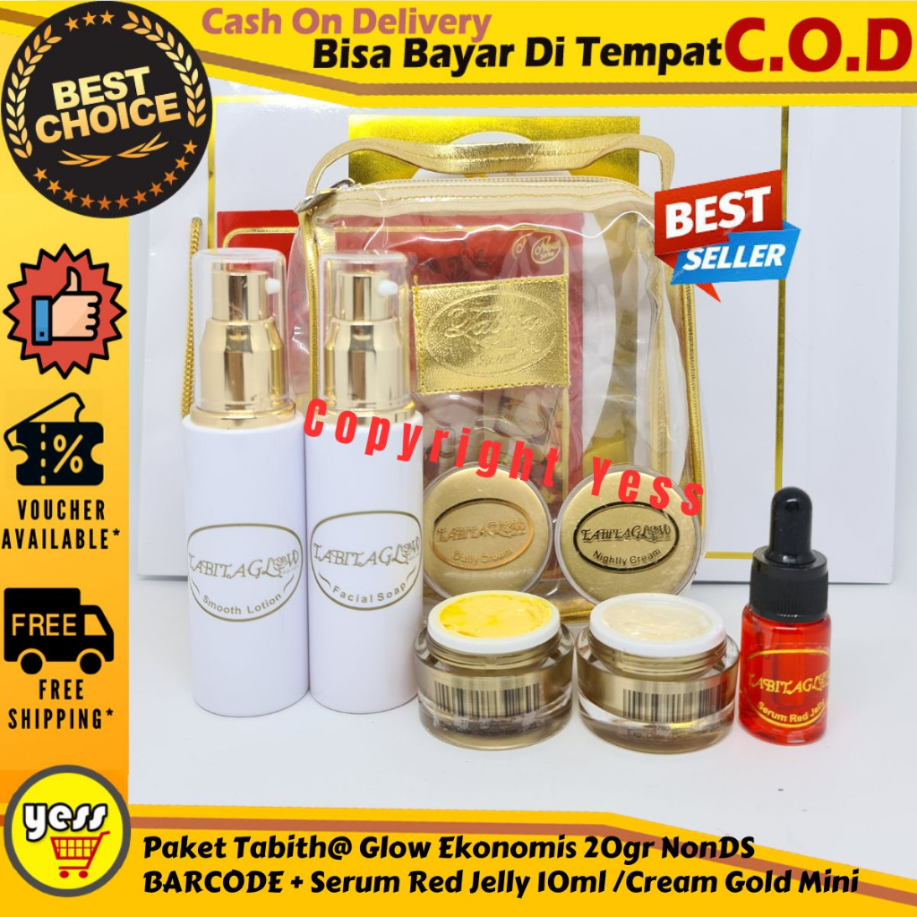 ( Gratis Kapas Wajah !! ) Paket Glow Ekonomis + Serum Red Jelly 10ml NonDS BARCODE Skincare Gold Min