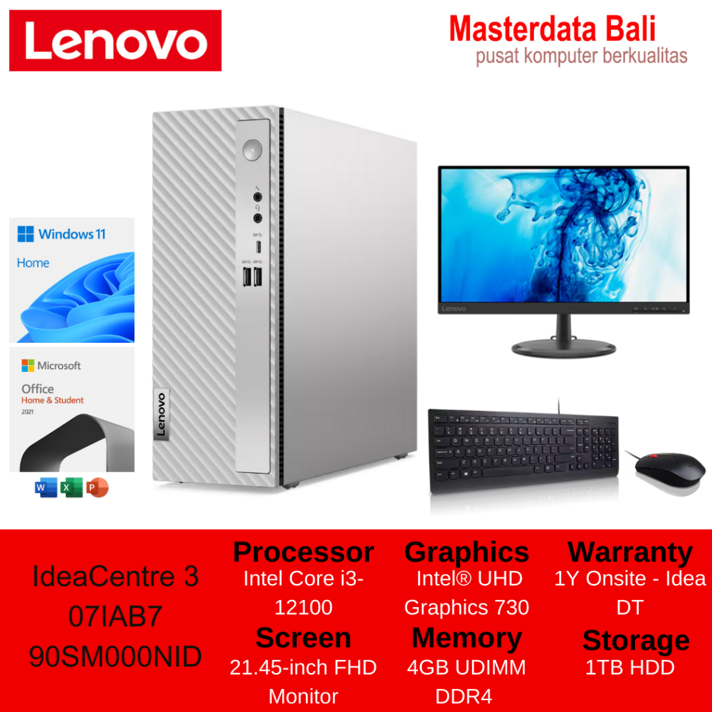 PC Desktop IdeaCentre 3 07IAB7 Intel Core i3 + Monitor Lenovo 21.45"