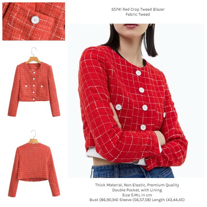 35741 Blazer Merah Crop Lengan Panjang Blazer Tweed Wanita