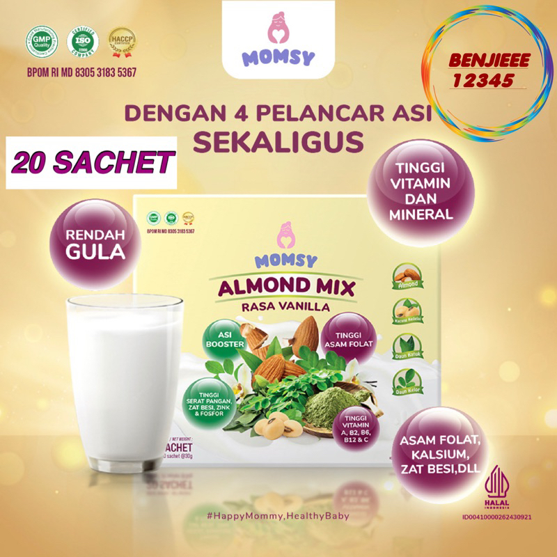 MOMSY Almond Rasa vanilla 20 sachet box susu pelancar asi ASI booster menyusui momsy Momsy almon mix 20 SACHET VANILLA