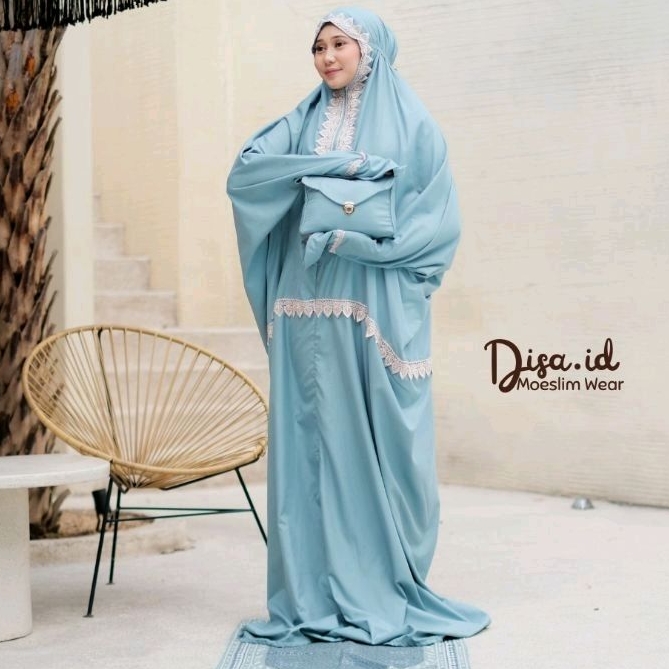 DISA.ID - Mukena Terusan Traveling Lajuran Polos Aisyah Pouch Cantik 2in1 Katun Premium Signature Jumbo