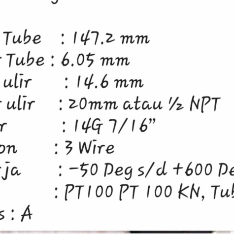 

Sensor Suhu PT-100 RTD Max Temp 600°C 8mm x 1472mm Indo Thermo Berkualitas