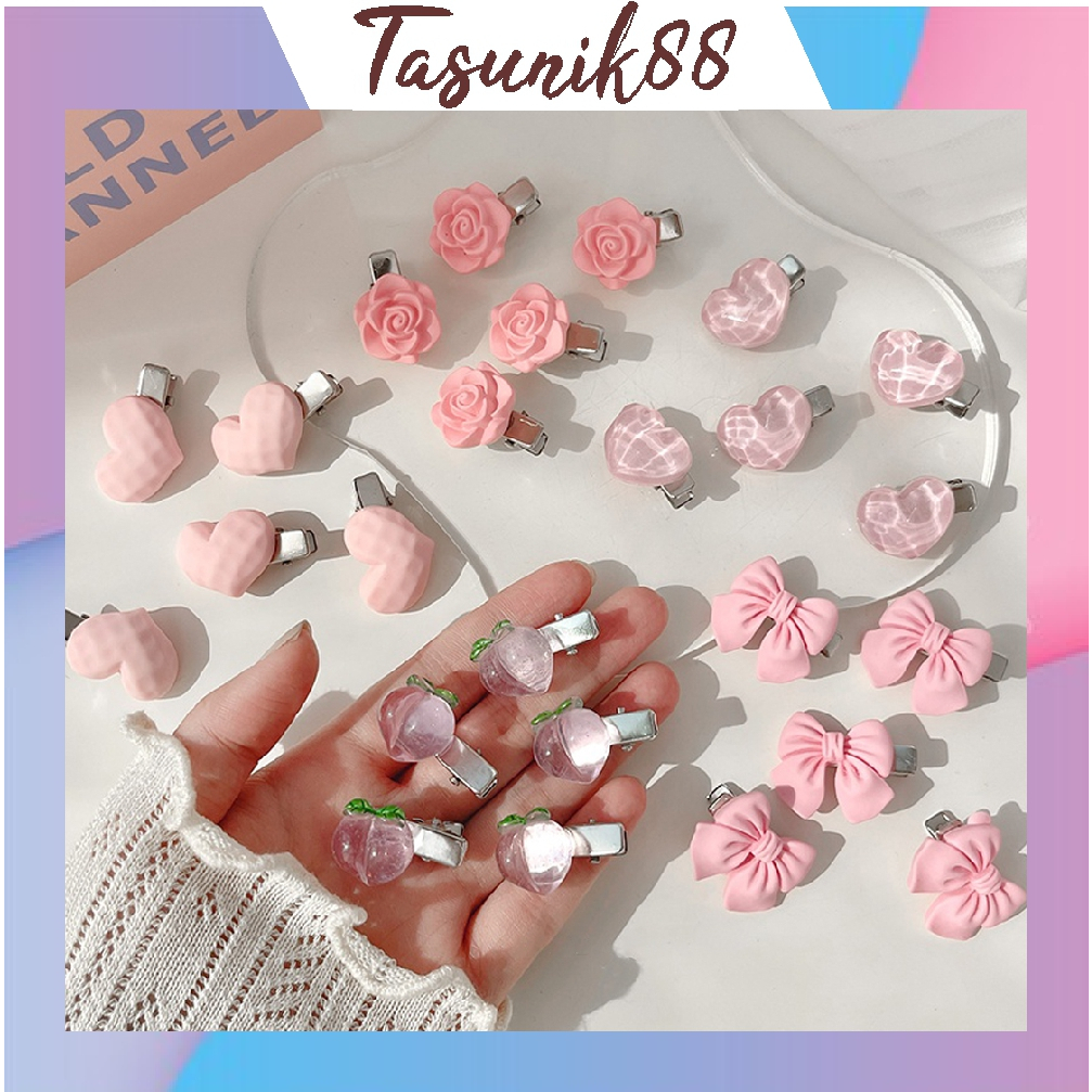 ⭐TasUnik88⭐ Jepit Rambut Kecil Warna Pink Soft Gaya Korea Model Bunga Mawar Love Pita Bahan Resin Je