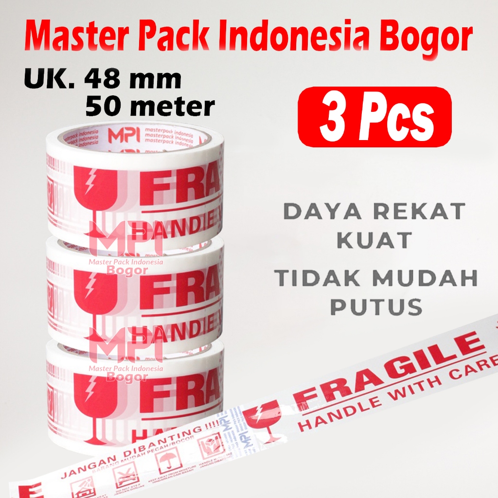 

3 PCS - Lakban Fragile Putih 48 mm x 50 yard - Handle With Care Jangan Dibanting - Master Pack Indonesia Bogor
