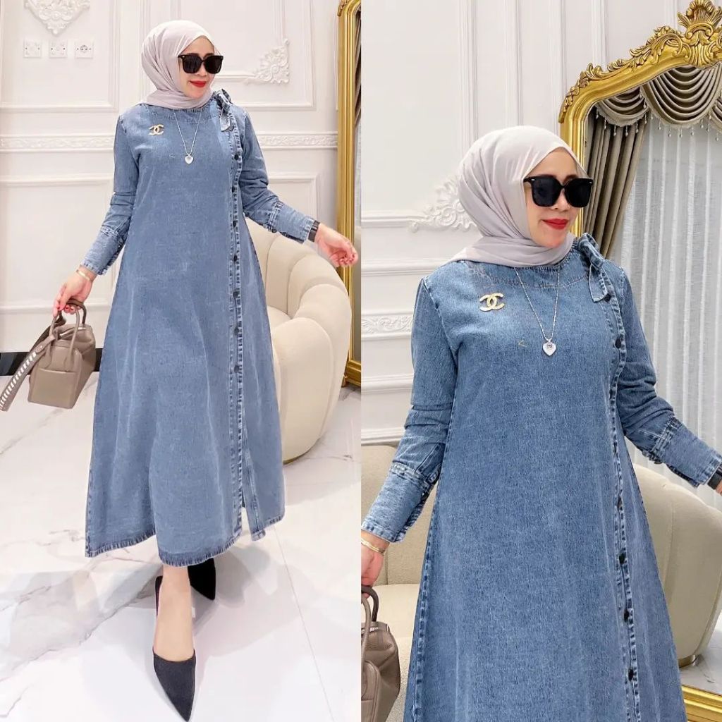 TUNIK MEWAH MOTIP JEANS LONG TUNIK MOTIP JEANS KANCING SAMPING VARIASI PITA