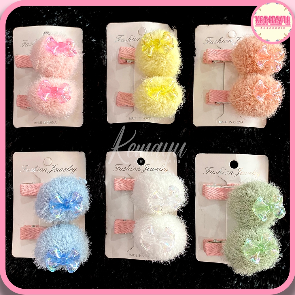 Sepasang Jepit Rambut Anak Pompom Bulu Motif Pita