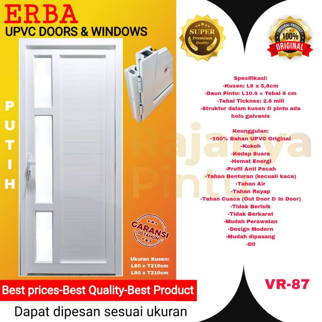 Pintu Utama/Pintu Kamar/Pintu Kantor UPVC-ERBA  Super Premium-VR 87-Putih