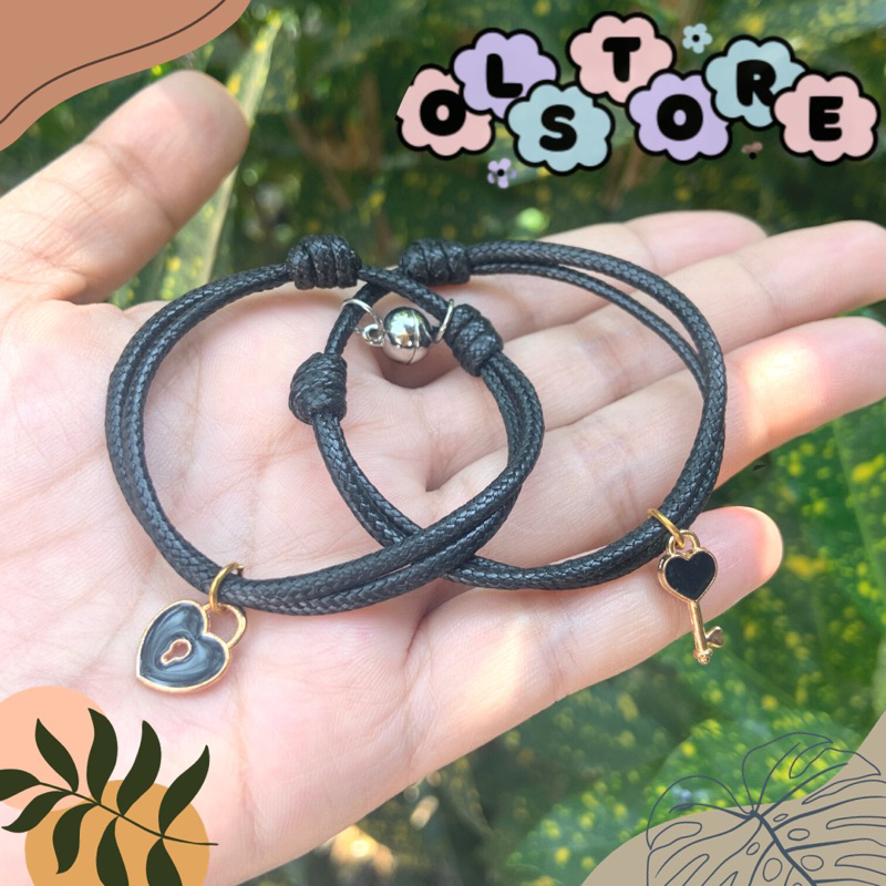 Gelang Magnet Charm Epoxy Gembok hati & Kunci Sepasang Tali 2mm / Gelang Couple / Gelang sepasang ge