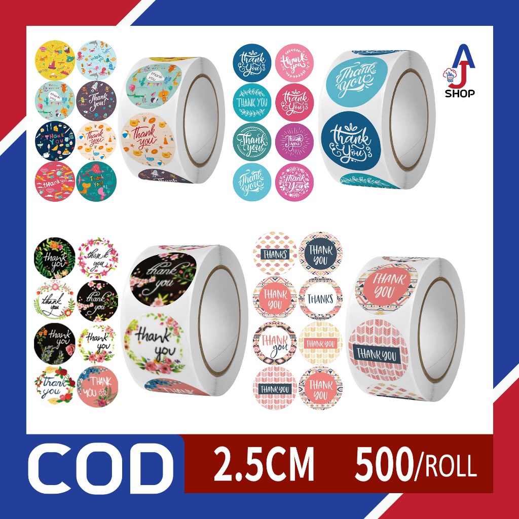 

AJ - Sticker Thank You Isi 500pcs/roll Sticker 1 Roll Ada 8 Variasi Motif Sticker
