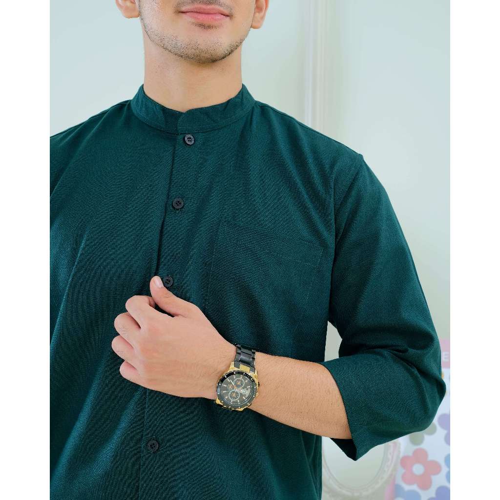 Baju Koko kemeja Pria Katun Linen Casual Oversize Hijau Botol (SAVONA)