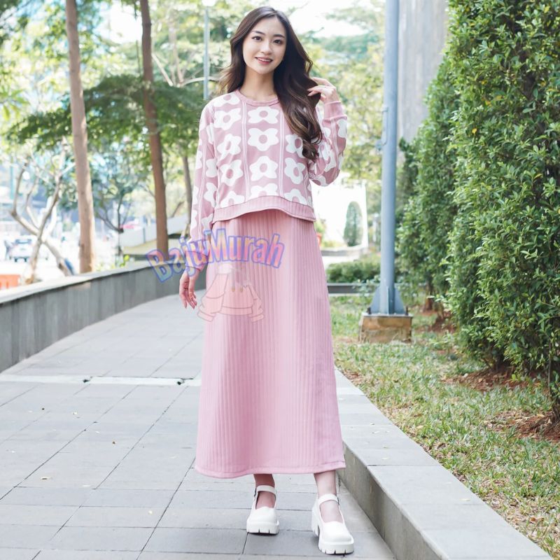 One set Wanita Necia Outfit Cewe kece 1 set sweater crop & Dress Knit | Outfit Korean style