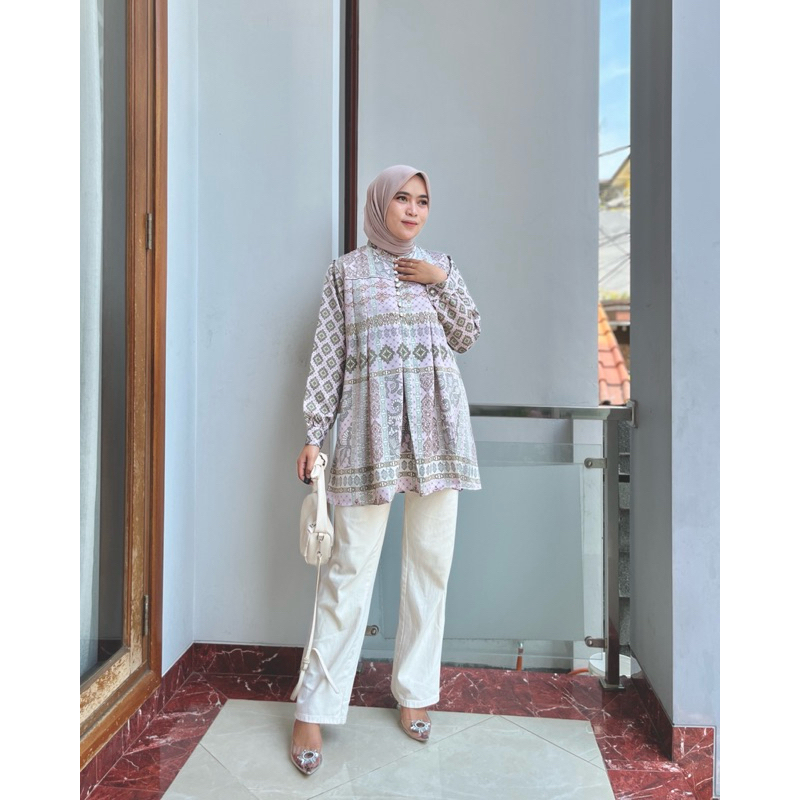 MH Atasan Tunik Blouse Motif Mewah Harian dan Formal Wanita Casual Terbaru Busui Friendly Wudhu Frie