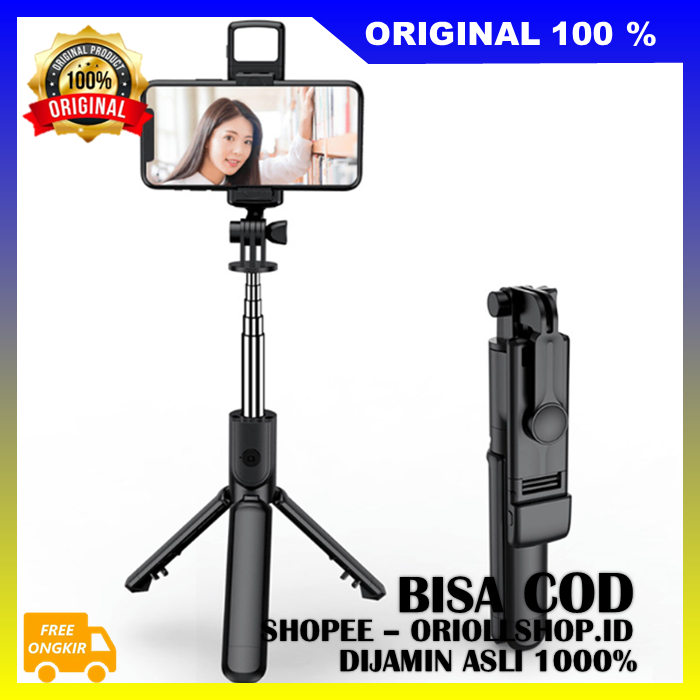 Tripod Tongsis Led Flash Tongsis Bluetooth LED Flash Portable Selfie+Tripod HP+Remote Control 100% A