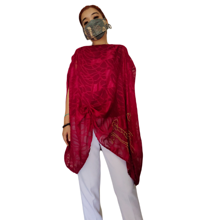 Blouse Jumbo Tunik Kimono Border Bali Big Size Sifon Merah Maron Asimetris GESYAL