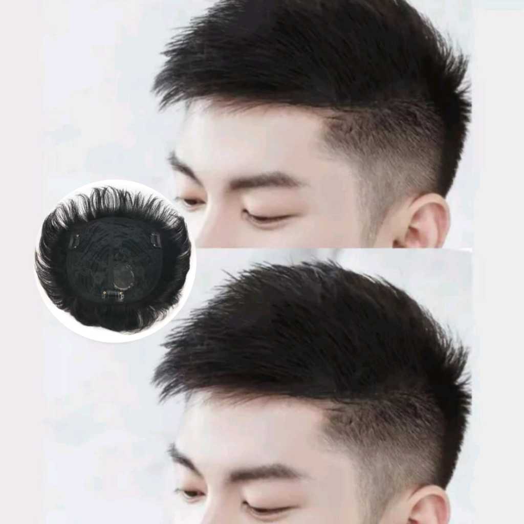 Wig Cowo Tipis Wig Pria Wig Botak Wig Penutup Botak Warna Hitam Natural