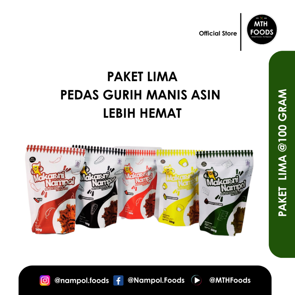 

Paket Lima Promo Snack Cemilan Makanan Ringan Makaroni Nampol Variant Mix 100 gram Pedasnya Polll