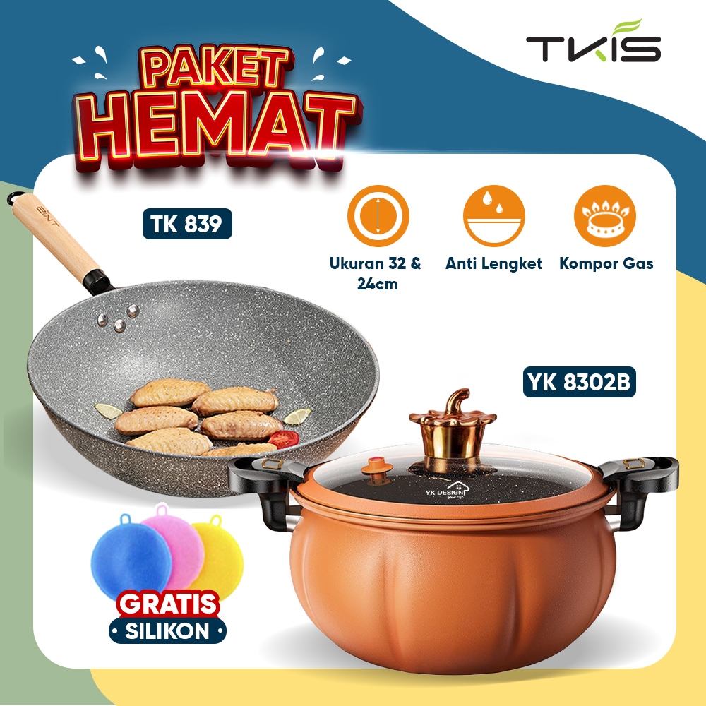 TKIS Panci Set 3 in 1 Wajan anti Lengket 32CM Batumedis / Panci Presto Labu ukuran 24CM 3.5L / Spon 