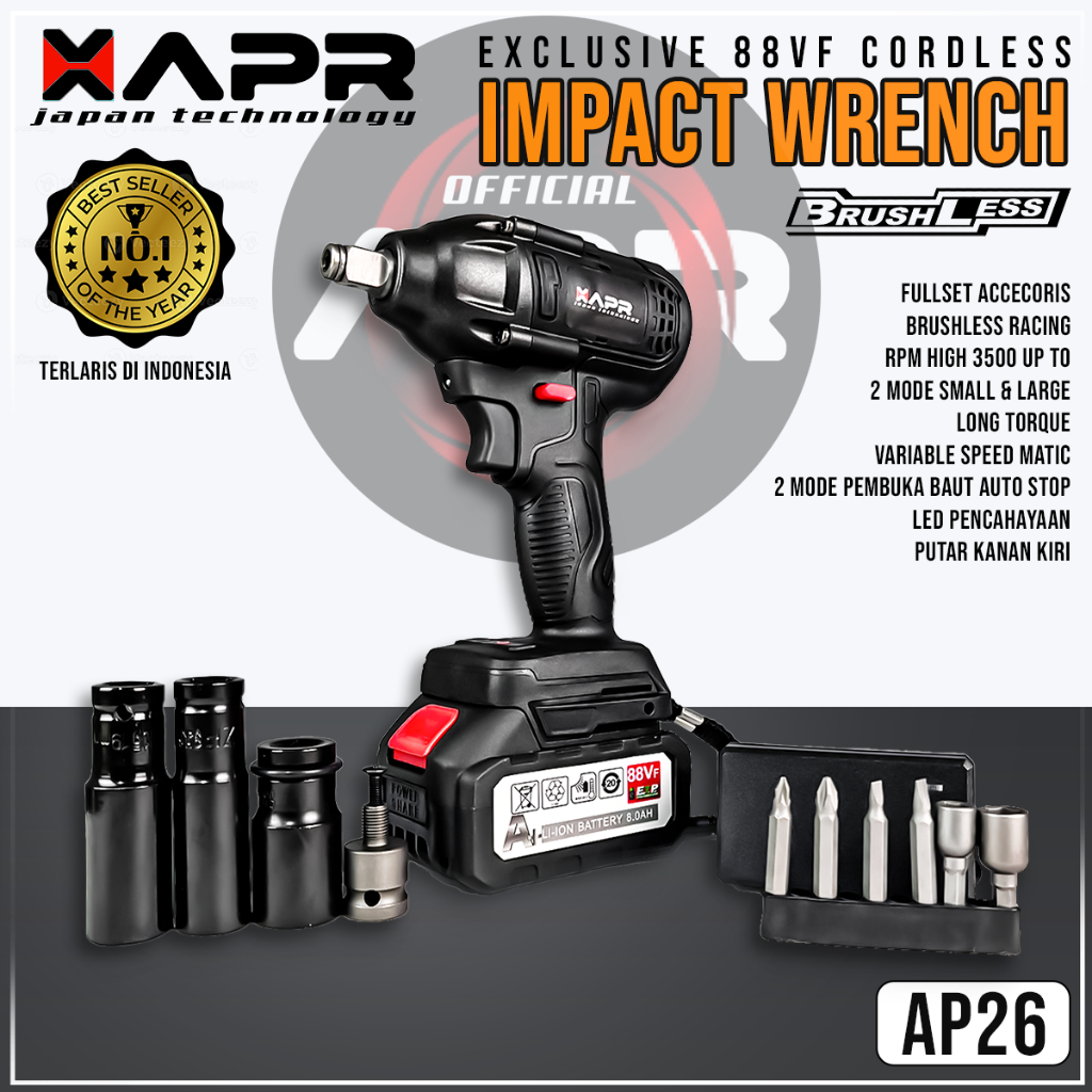 APR JAPAN 88Vf Mesin Bor Pembuka Buka Baut Cordless Impact Wrench Baterai Motor Mobil CVT 350Nm AP26