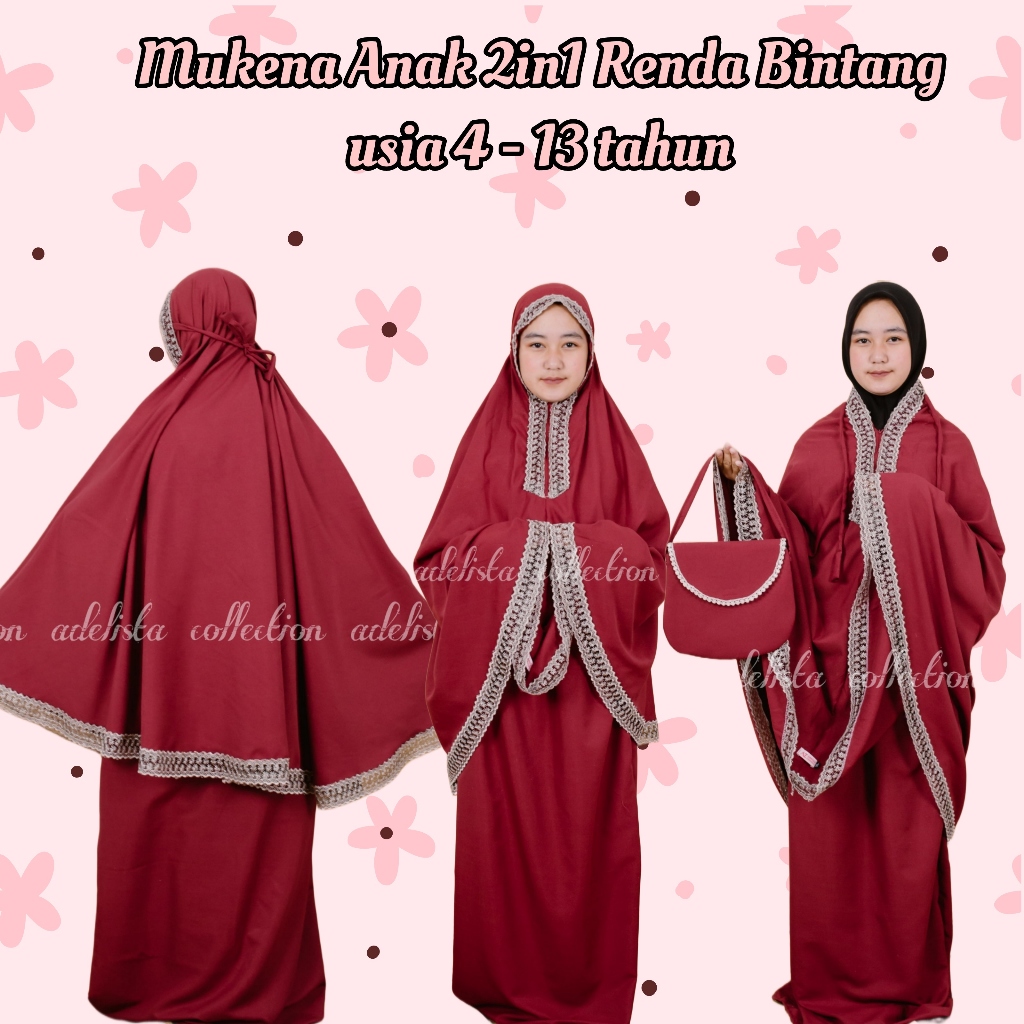 Mukena Anak Usia 4-13 Tahun Mukena Anak Perempuan Mukena Anak Resleting Dagu Mukena Anak Warna Maroo