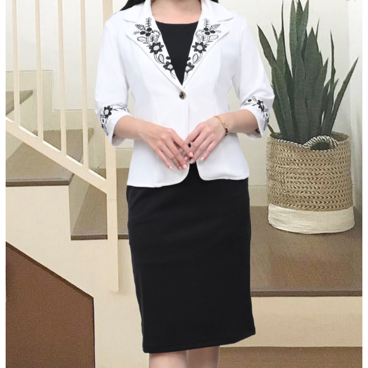 NEW STELAN BLAZER SCUBA PREMIUM IMPORT KHUSUS WARNA HITAM PUTIH | STELAN WANITA FORMAL | ONE SET WAN