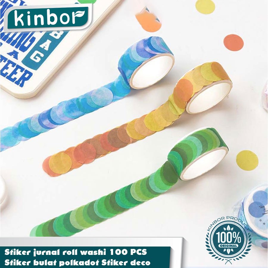 Kinbor Stiker jurnal roll washi 100 PCS/ Stiker bulat polkadot/ Stiker deco