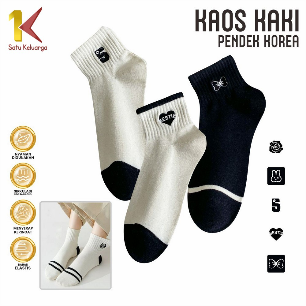 Satu Keluarga Kaos Kaki Pendek Wanita Motif Bunga Rose Hitam Series P591 Ankle Socks Semata Kaki Uni