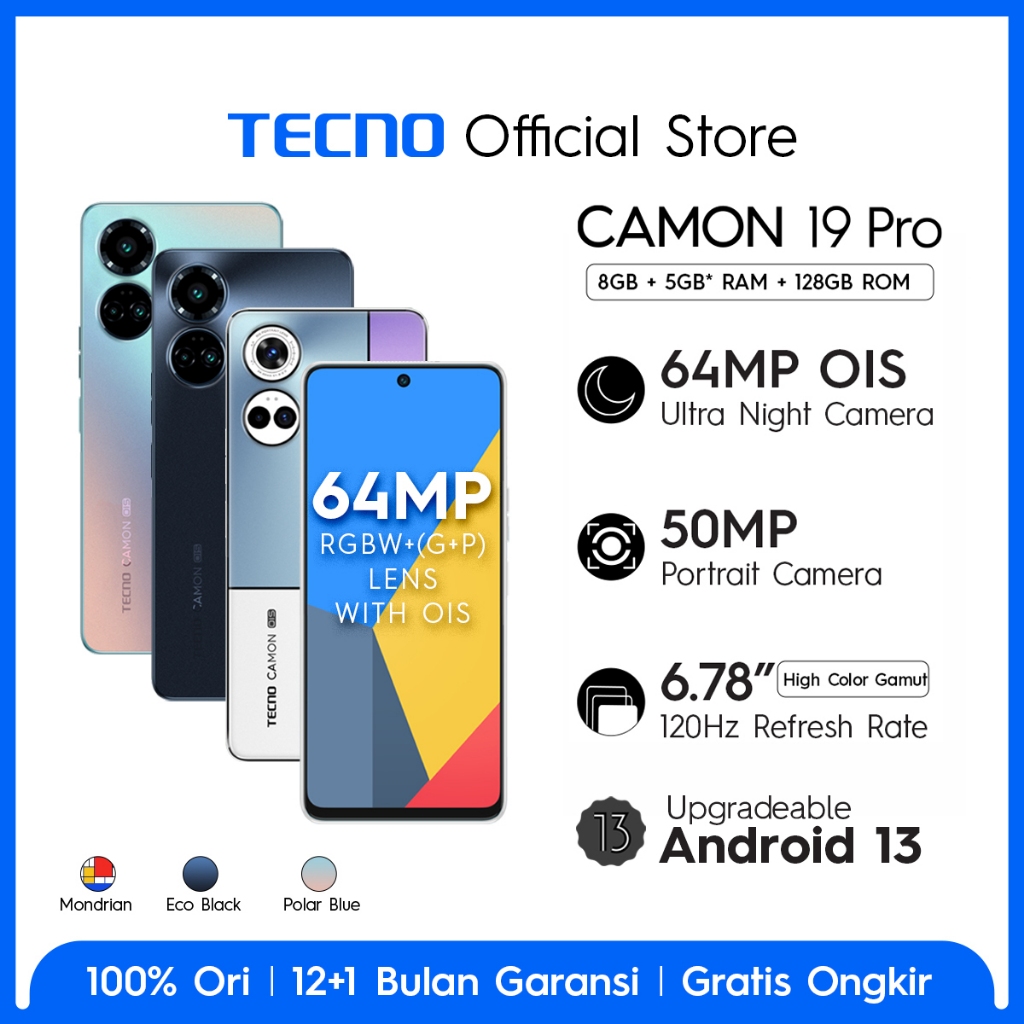 TECNO CAMON 19 Pro 8+5GB* + 128GB [Night Camera 64MP+50MP With OIS+EIS, Helio G96, 6.78