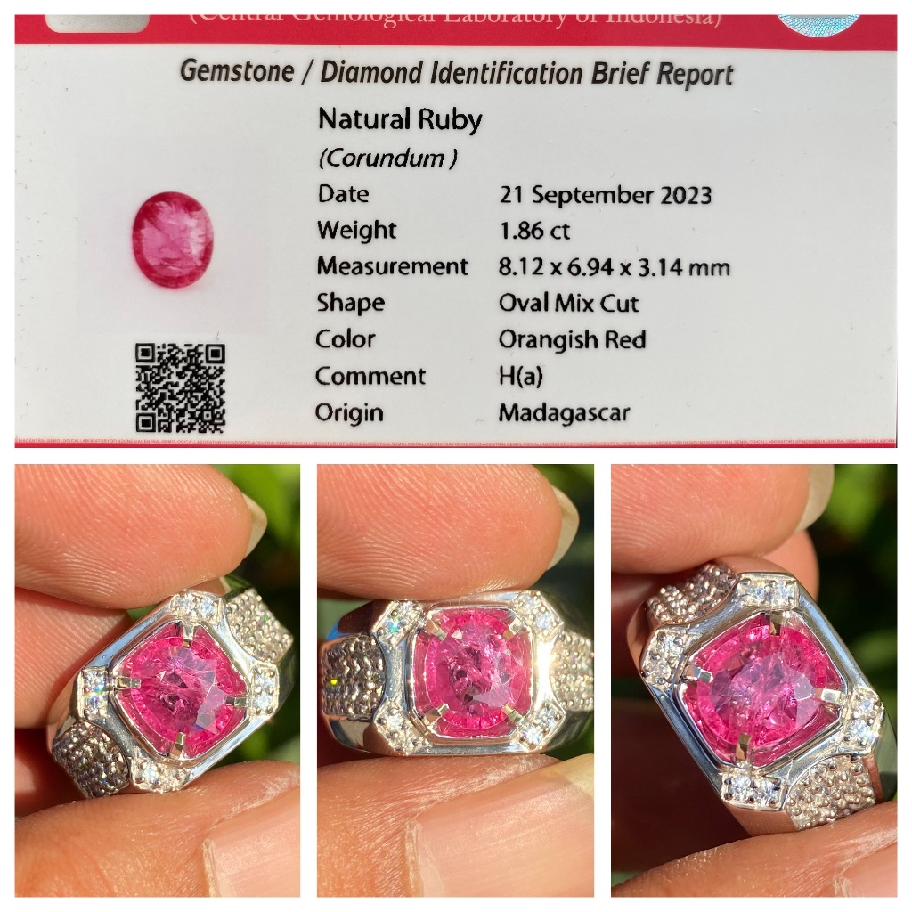 Natural 1.86ct pinkish red ruby h(a) madagascar memo cgl