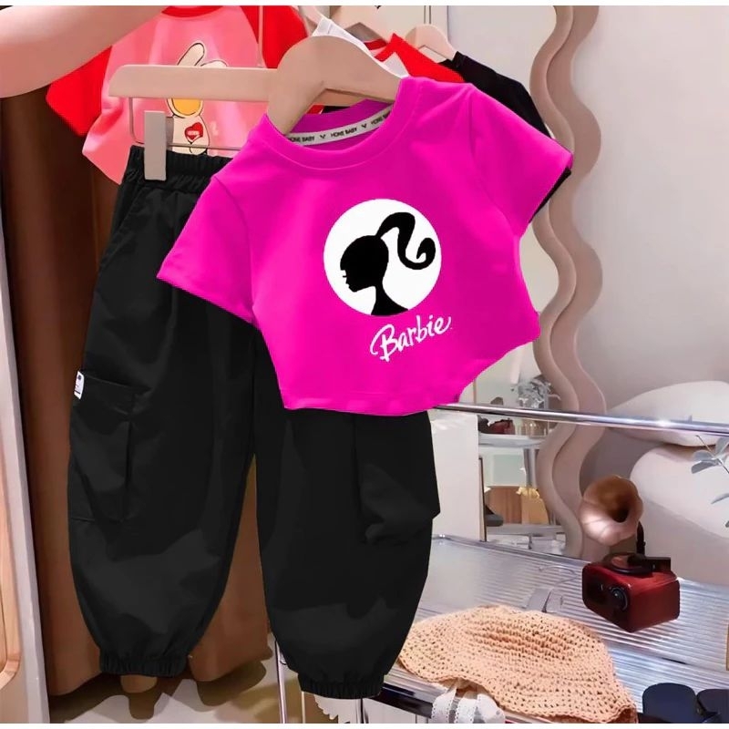 R - SETELAN ANAK KAOS DAN CELANA PANJANG ANAK MODEL CARGO BARBIE 1-5 TAHUN