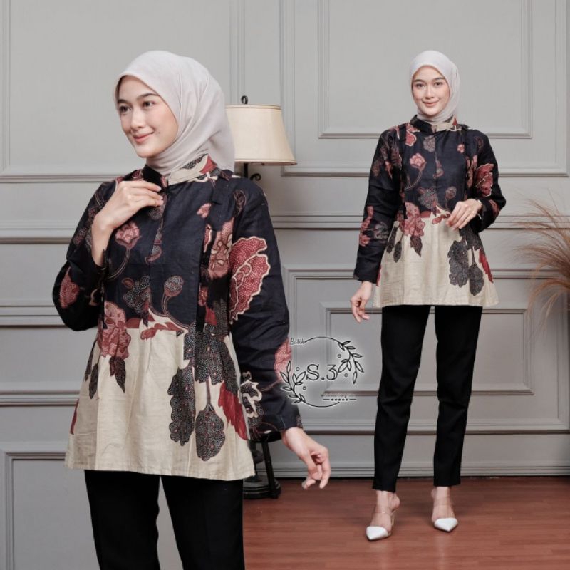 Batik Wanita Modern Motif Mawar Resleting Lengan Panjang