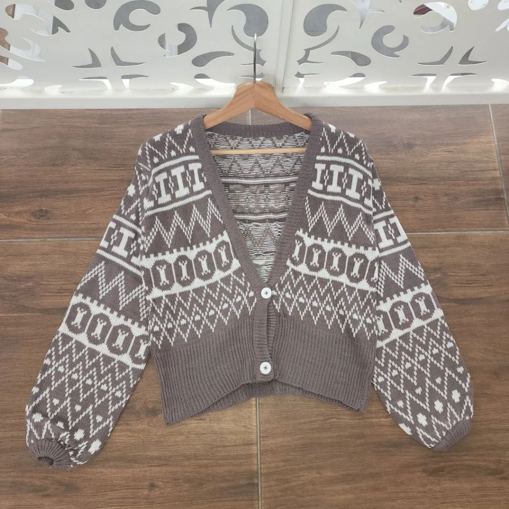 Olive Outer Wanita Remaja ABG Simple Casual Terbaru 2023 Cardigan Rajut Motif Abstrak Tebal Premium 