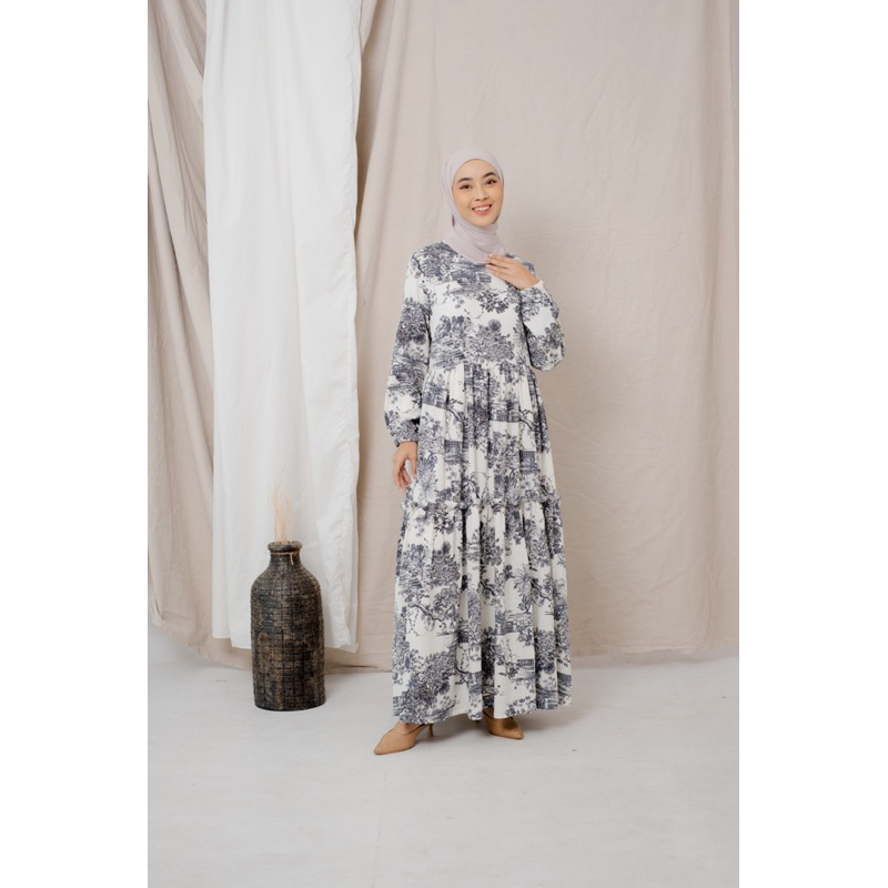 O1 - Khais Couture Gamis Dress Lengan Panjang Wanita Rok Susun Motif Dior