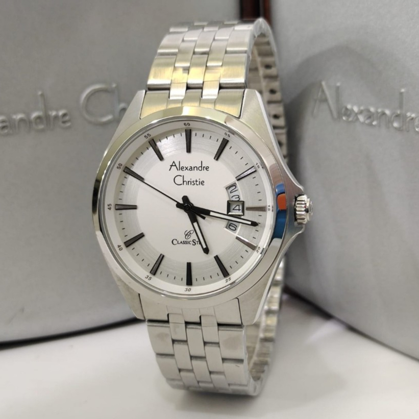 Jam Tangan Pria Alexandre Christie AC 8578 Original Classic Rantai Stainless Silver Simpel Alexander