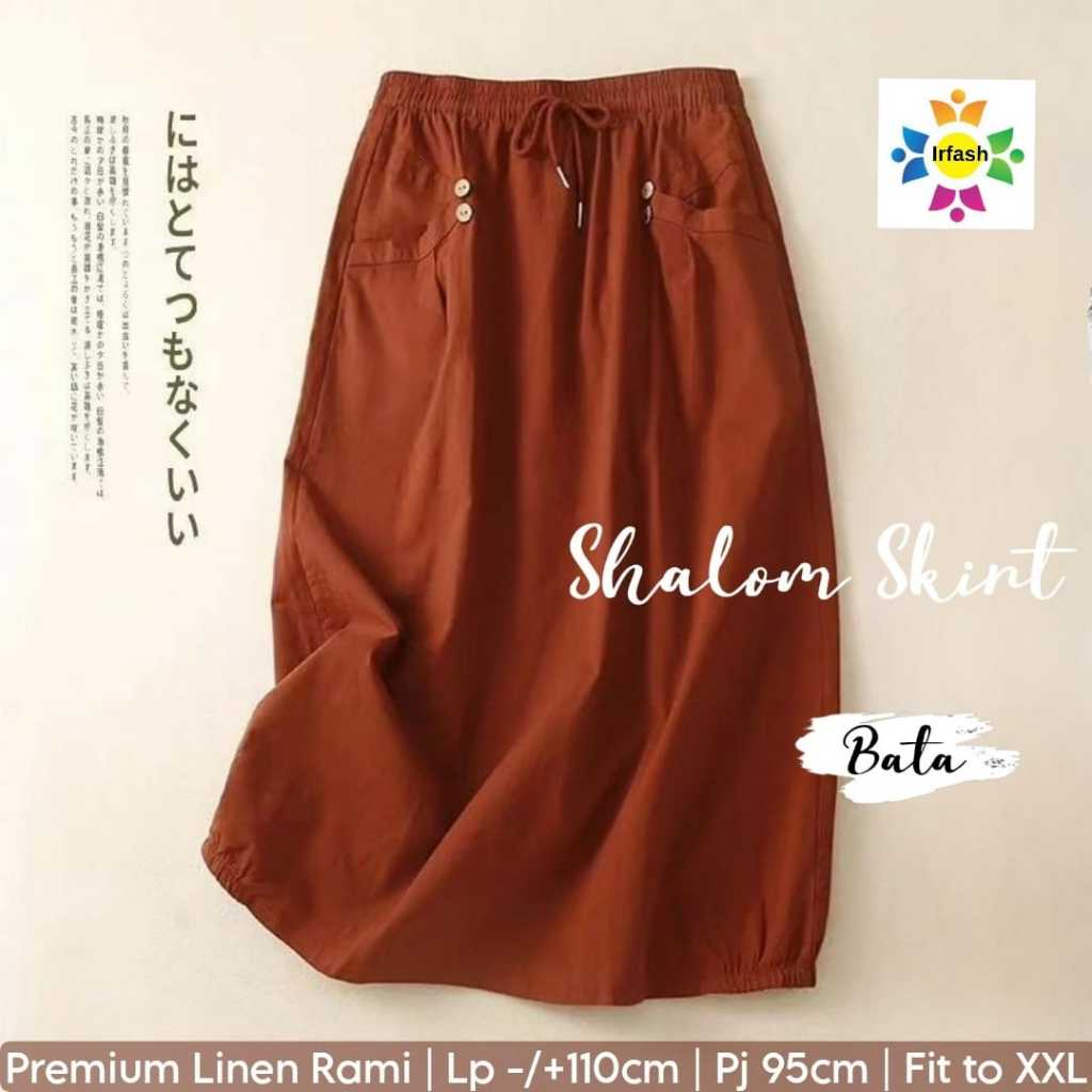 shalom-bata skirt rok linen lp 110  pakaian baju bawahan polos casual panjang pinggang karet korean 