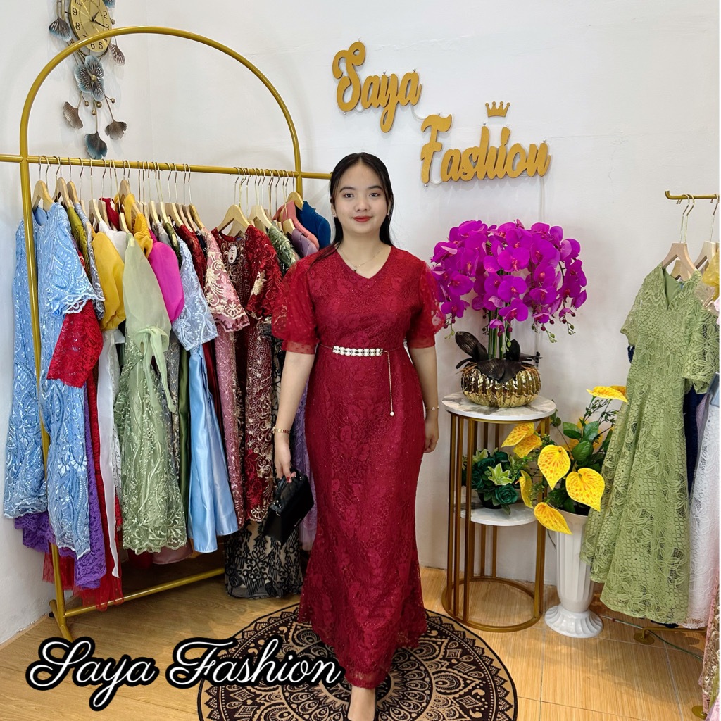 LongDress Brukat Polos Maroon  FREE Belt Gaun Maxi Pesta Mewah 20010