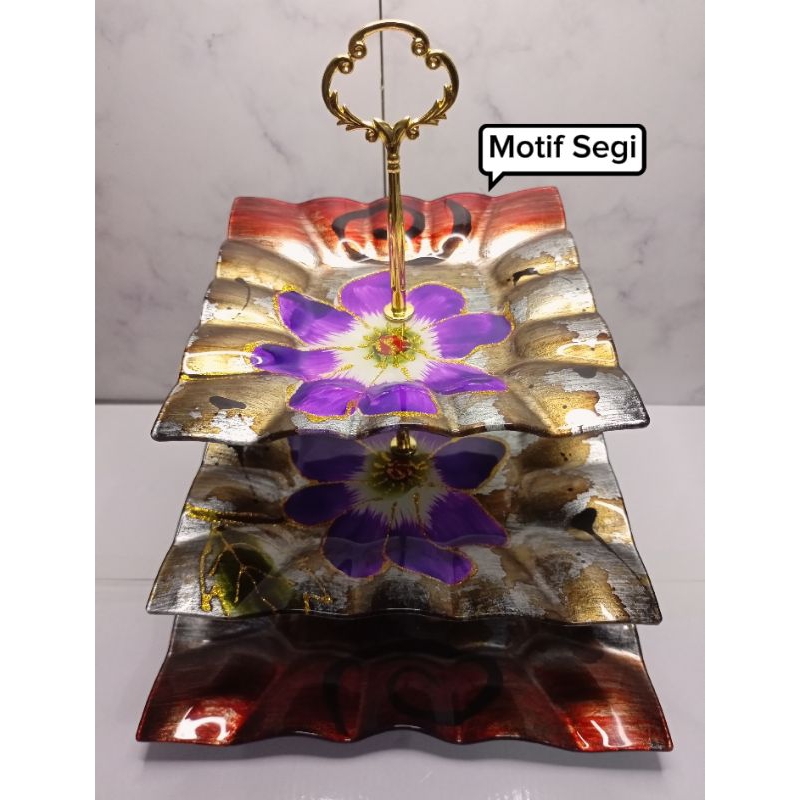Tempat Kue Cake Plate Kaca 3 Tingkat Motif Kaca