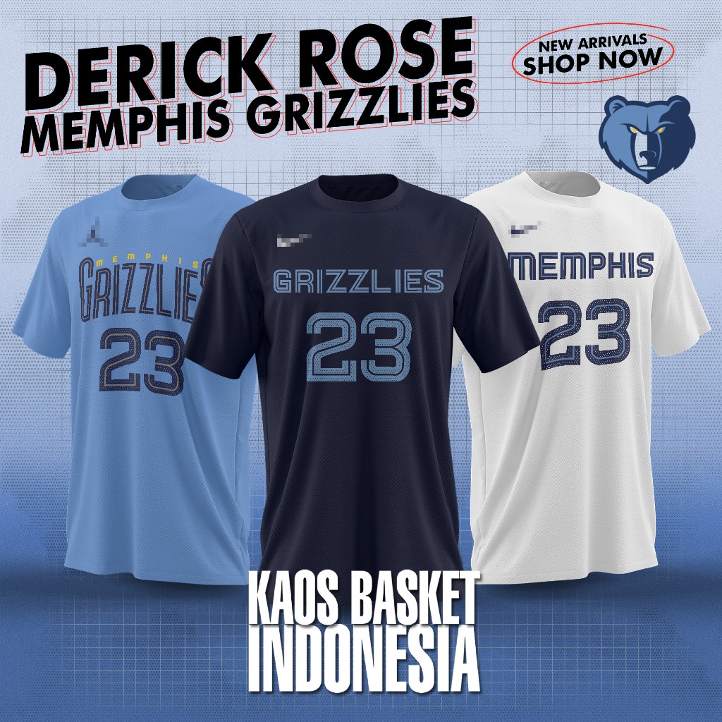 Baju Basket Pria Wanita NBA T shirt basket Kaos Memphis Grizzlies No 23 Derrick Rose Kaos NBA Tshirt