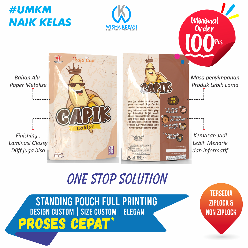 Cetak Kemasan Standing Pouch Full Printing Bahan Paper Foil Metalize Ukuran Jumbo + Ziplock/Klip