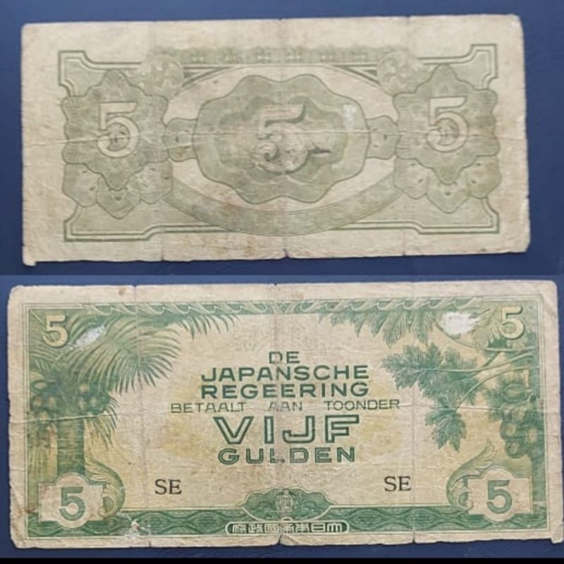 Uang Kuno Indonesia Series DJR 5 Gulden tahun 1942 Kondisi Kertas ,Renyah Original 100%
