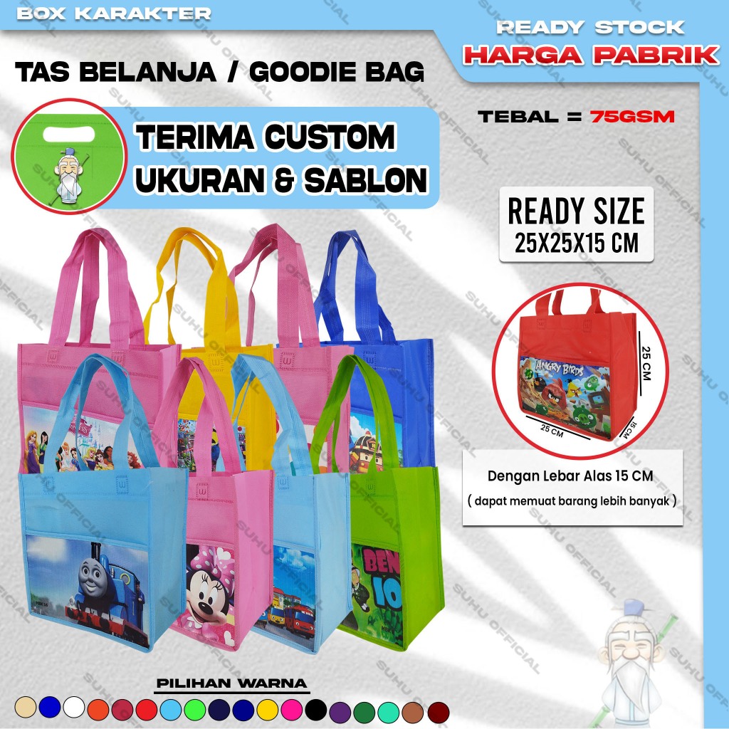 

Goodie Bag Karakter Tas Ulang Tahun Anak Spunbond Handle Box Ukuran 25x25