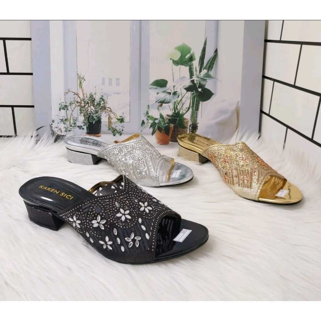 SANDAL PESTA WANITA HAK TAHU MOTIF PAYET IMPORT HAK 3CM Hak Pendek (1-3 cm)