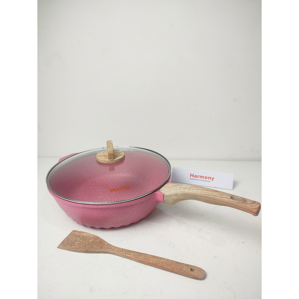 Delfiro Wok Marble 30 Cm Wood Pink Panci Serbaguna Gagang Kayu