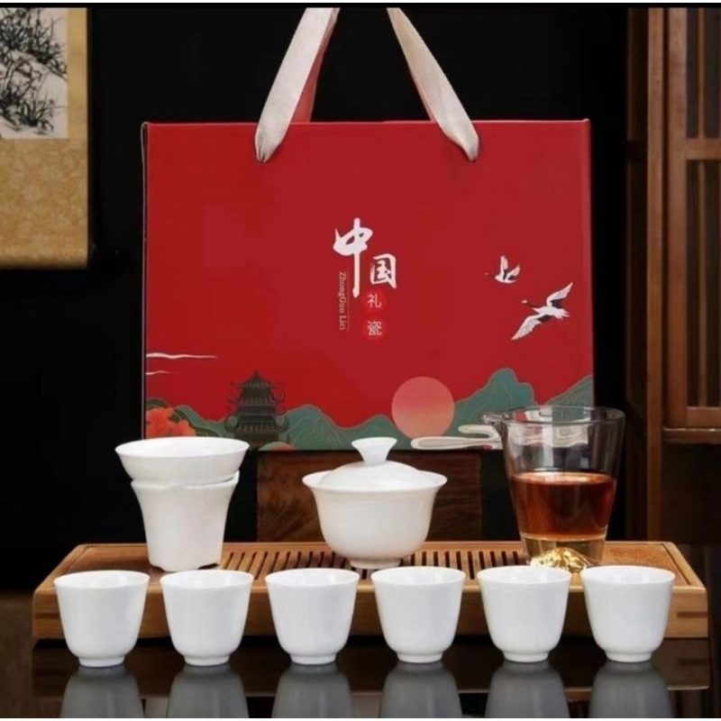 Chines Tea Pot Set Keramik Putih Kado Hadah Hampers