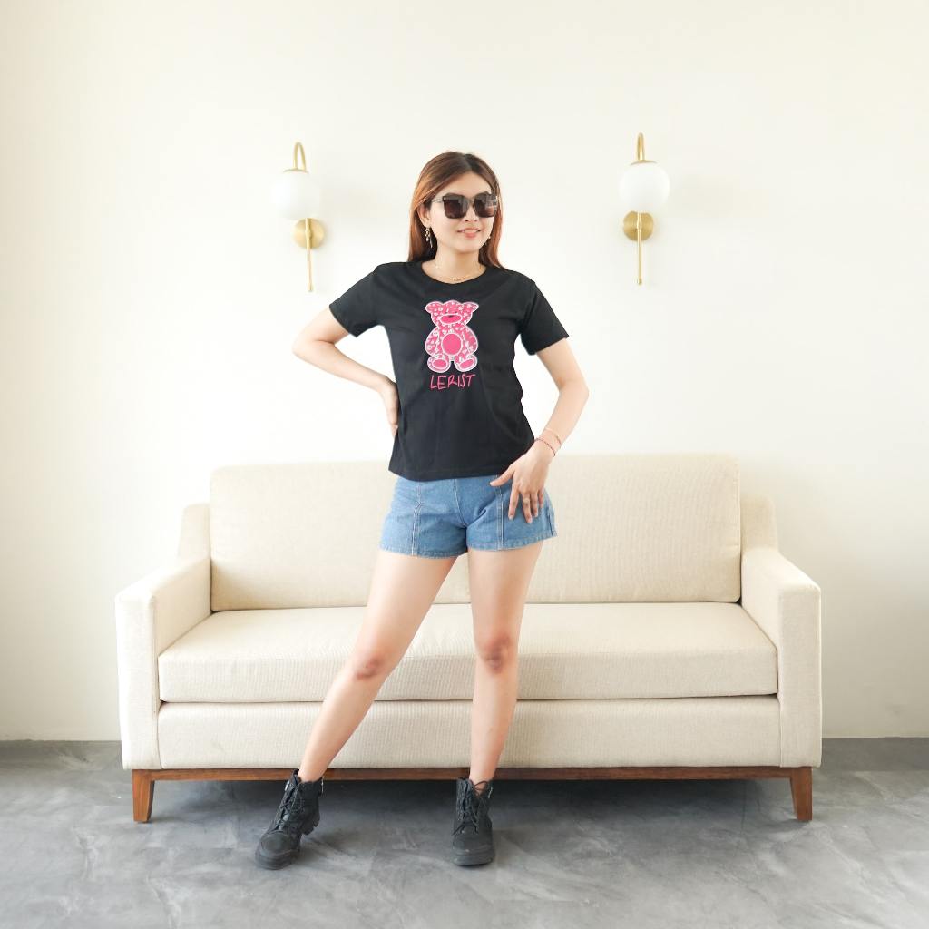 Kaos Atasan Wanita MOTIF BEAR LERIST Baju Pakaian Wanita lengan Pendek Cotton Combed Kaos Lerist