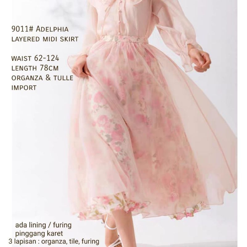 9011 Rok panjang ADELPHIA LAYERED Tile midi skirt bunga pink Korea Korean style wanita premium impor