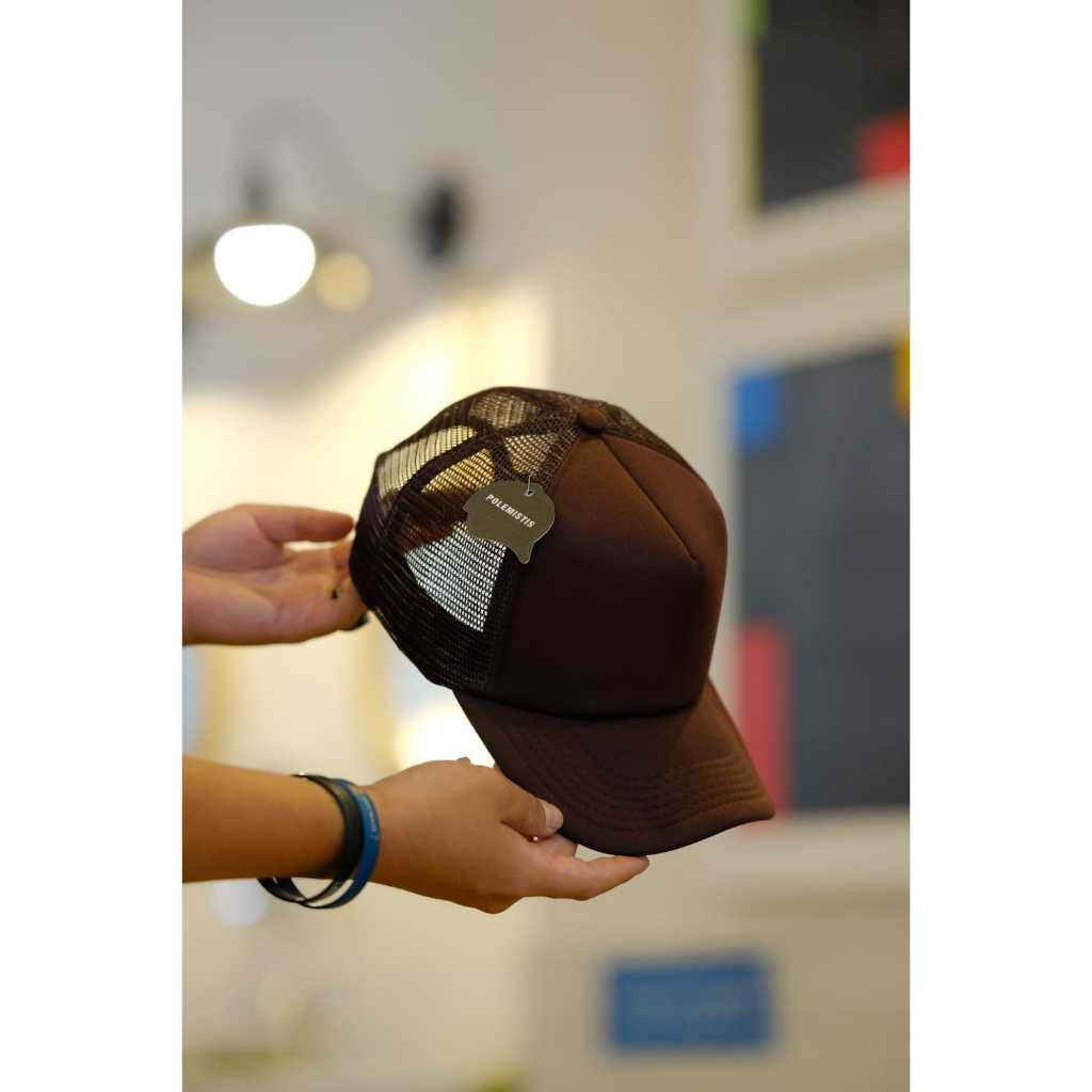 TOPI JARING POLOS PREMIUM COKLAT FULL POLEMISTIS BAHAN TEBAL JAHITAN RAPIH