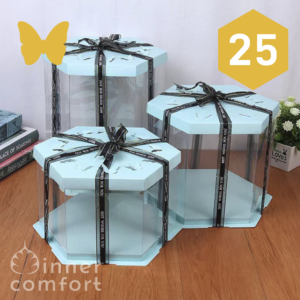 

Cake Box / Kotak Kue / Giftbox Hexagon / Segi Enam Tutup Kupu 25 cm Transparan Mika Bening Elegan Mewah Kokoh Putih / Biru