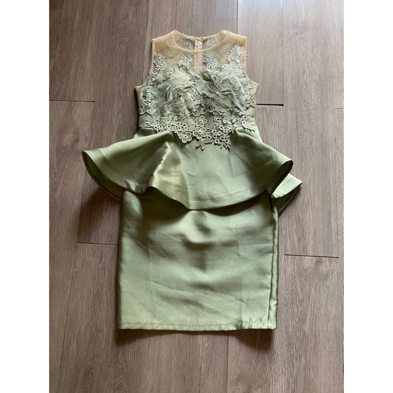 sage satin party peplum dress